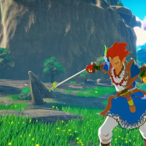 Image similar to hisoka in breath of the wild, screenshot, sharp, uhd 4 k