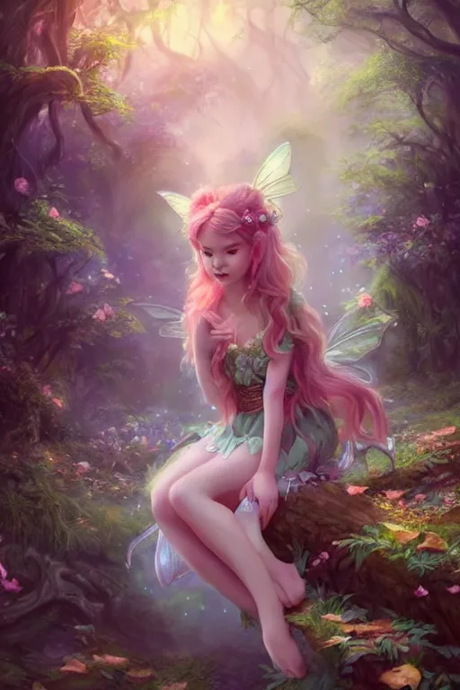 Image similar to a cute fairy in the dreamy forest, fantasy, 8 k resolution, hyper detailed, d & d, character design, digital painting, trending on artstation, sharp focus, illustration, art by artgerm, steve zheng, fuji choko, viktoria gavrilenko, hoang lap