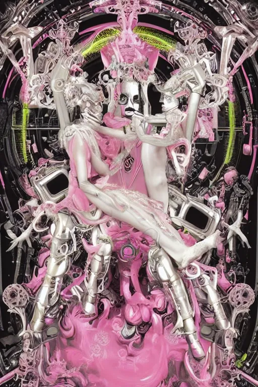 Image similar to full-body rococo and cyberpunk style neon statue of a young attractive portugues macho dotado android reclining sim roupa con piroca dura, glowing white laser eyes, prince crown of pink gears, diamonds, swirling silver-colored silk fabric. futuristic elements. full-length view. space robots. human skulls. intricate artwork by caravaggio. Trending on artstation, octane render, cinematic lighting from the right, hyper realism, octane render, 8k, depth of field, 3D