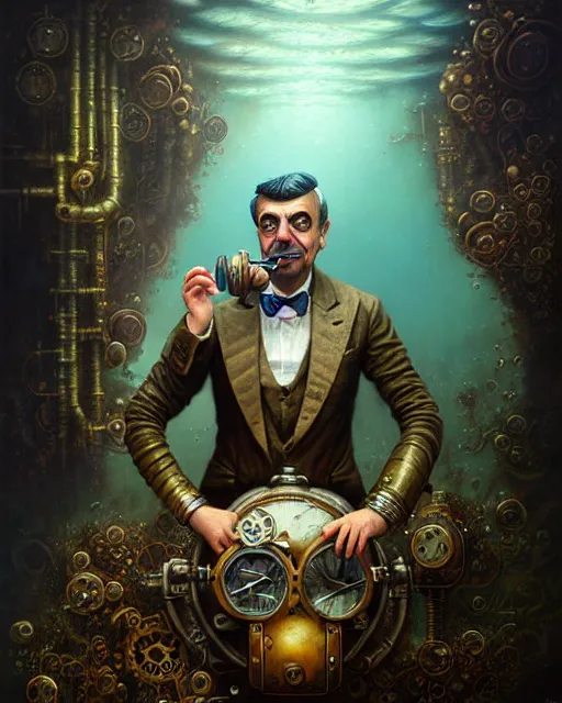 Image similar to underwater steampunk portrait of rowan sebastian atkinson, by tomasz alen kopera and peter mohrbacher