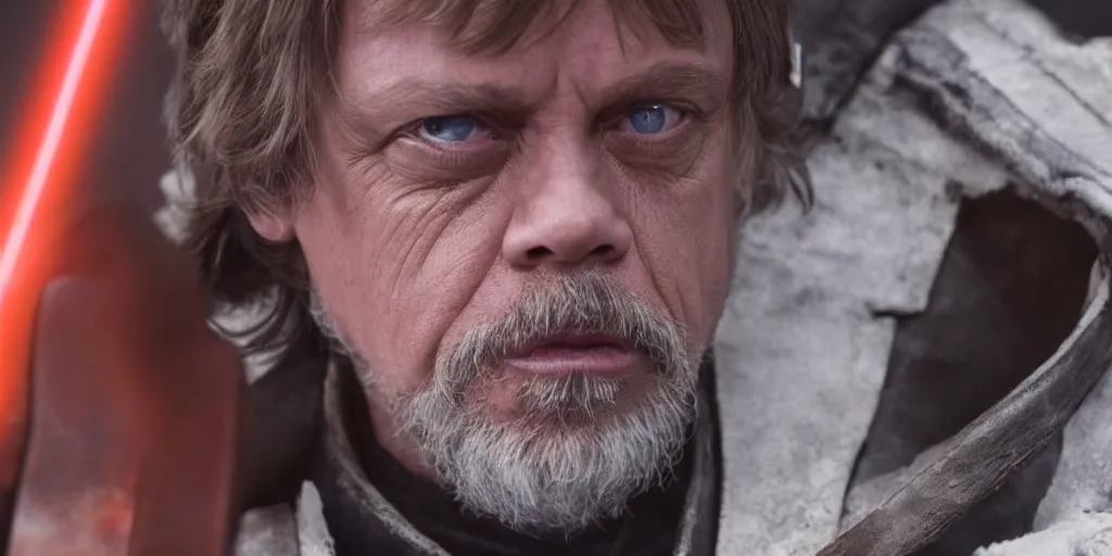 Prompt: Luke Skywalker Mark Hamill The Mandalorian season 3 ultra realistic, 4K, movie still, UHD, sharp, detailed, cinematic, render, modern