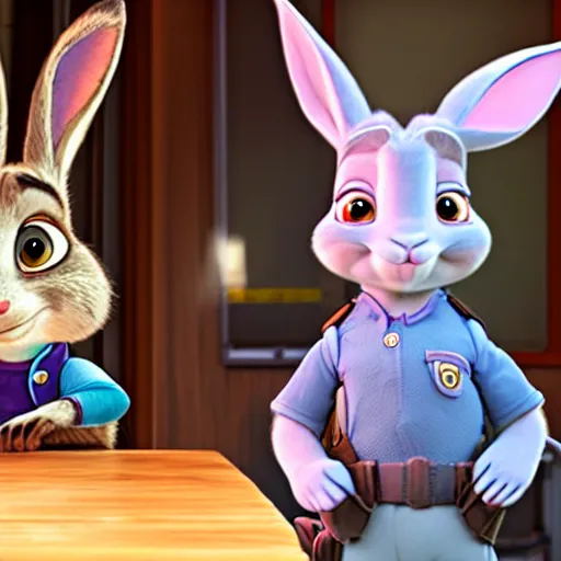 Image similar to Judy Hopps, the rabbit police officer from Zootopia, posing for a selfie with the evil human criminal Hannibal Lecter from Silence of the Lambs, over a plate of fava beans and chianti, mashup, 4k movie still