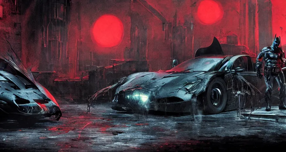Prompt: The Batman Who Laughs and His Psycho Batmobile, In A Dimly Lit Misty Sewer, water with red fluids, bats, sunset, volumetric lighting, hyperrealistic, beautiful details, HDR, octane render, action shot, highly detailed, soft lighting, wide angle, bokeh, Yasushi Niarasawa Moebius HR Giger Style