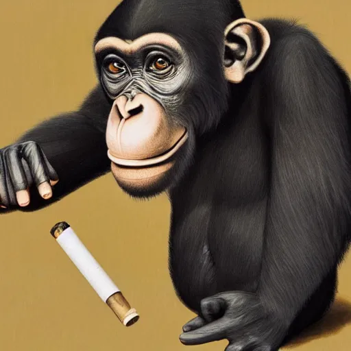 Image similar to a high detail photo of an antropomorphic chimp wearing a suit smoking a cigarrette, subject= chimp, subject detail: wearing a suit, subject action: smoking a cigarrette photorealism