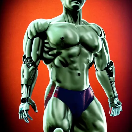 Prompt: a realistic detailed photo of a bodybuilder who is also a male android, Chris Redfield, shiny skin, posing robotically. blank stare