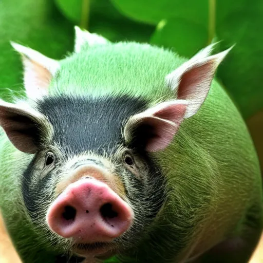Image similar to a newly discovered animal that is part hog and part pear, green skin, pig nose, cute, nature photography