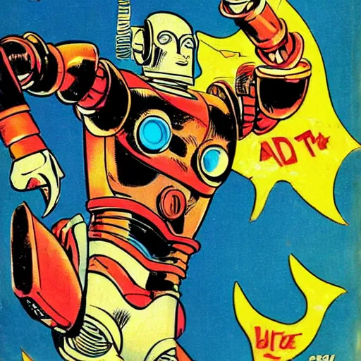 Prompt: magnus, robot fighter, comic art by bob kane, retrofuturism,