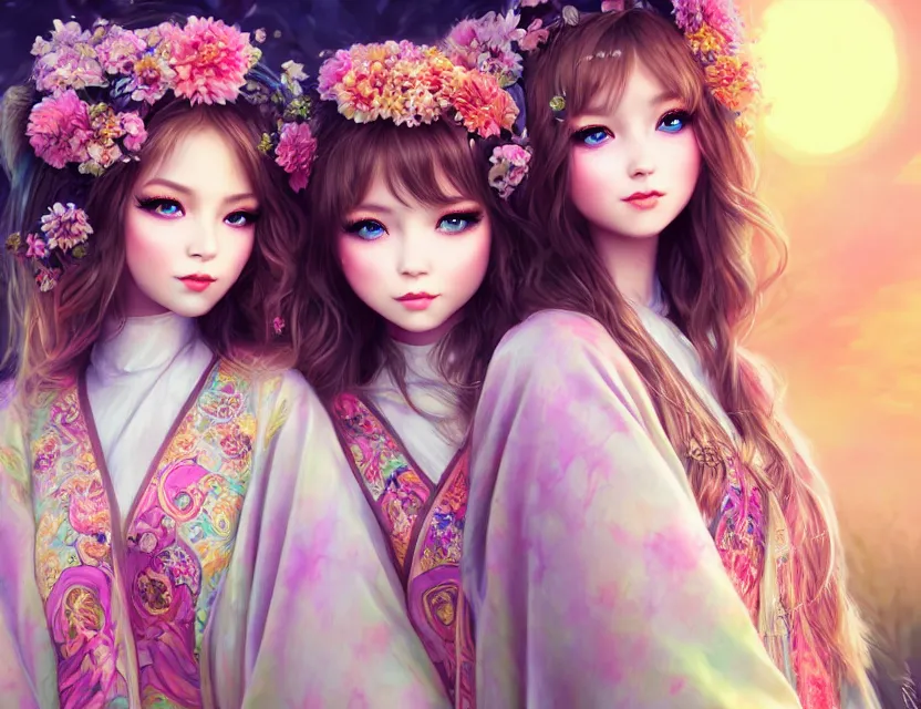 Image similar to two beautiful fashion siberian girls wear fantasy kimono in festival | | big eyes, sunny, dreamlike art, realistic shaded, smile, good looking, hyper details, 4 k realistic, cryengine, realistic shaded lighting poster by artgerm, ross tran, fuji choko, loish, 8 k resolution, trending on artstation, luxury