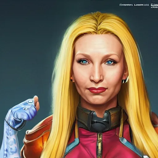 Image similar to phoebe buffay as cammy street fighter, long blonde hair, ultra realistic, concept art, intricate details, highly detailed, photorealistic, octane render, 8 k, unreal engine, art by frank frazetta, simon bisley, brom