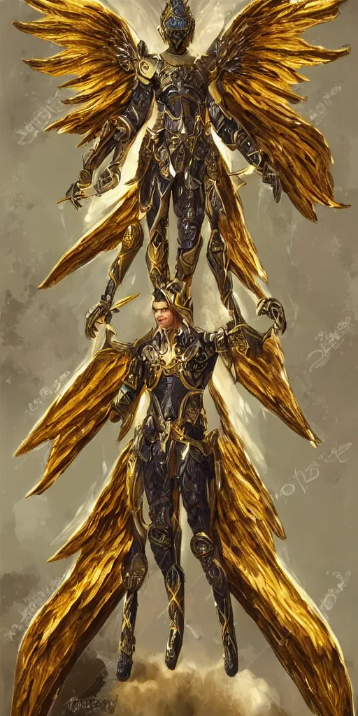 Prompt: fantasy angel warrior in armor with bright gold wings, epic flying pose, full length portrait, art, paint, fine details