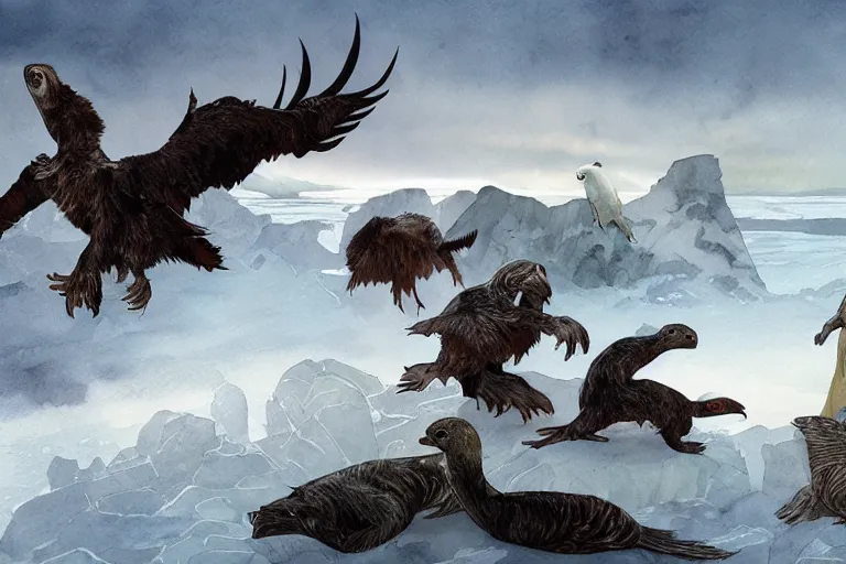 Image similar to a pack of feathered velociraptors hunting a baby harp seal at dawn, ominous intent, water color, art by artgerm and greg rutkowski and alphonse mucha and jin xiaodi and anthony devine