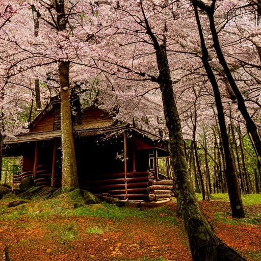 Image similar to forest cabin realistic photography 1 5 0 mpx wide angle lake deer cherry blossom