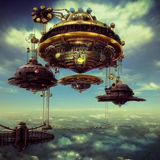 Image similar to flying city in a mechanical flower flower flower flower, sky, steampunk!!!, fantasy art, steampunk, masterpiece, octane, ghibli