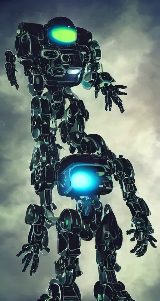 Prompt: a _ full _ body _ shot _ of _ an _ imposing _ cyborg mecha gorrila modeled _ after _ a _ futuristic solar punk technology mecha suit _ with _ glowing _ eyes _ with _ glowing _ eyes _ looking _ into _ the _ camera _ android _ cyborgglowin.