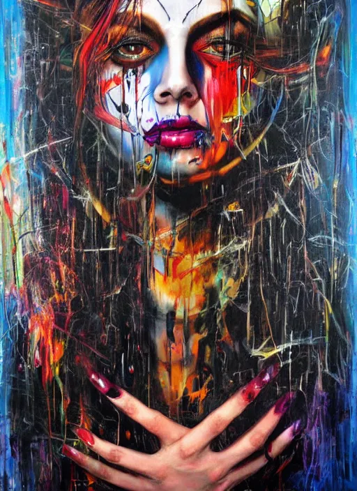 Prompt: enlightened magic cult psychic woman, painted face, third eye, energetic consciousness psychedelic, epic surrealism expressionism symbolism, story telling, iconic, dark robed, oil painting, symmetrical face, dark myth mythos, by sandra chevrier, joan mitchell masterpiece