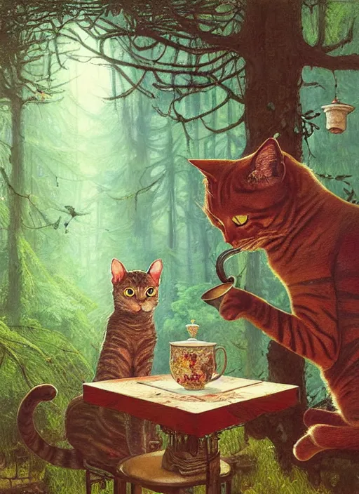 Image similar to cat having tea at a shrine in the woods gorgeous lighting, lush forest foliage a hyper realistic painting by chiara bautista and beksinski and norman rockwell and greg rutkowski weta studio, and lucasfilm