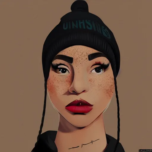 Prompt: character concept art of a mixed woman with freckles with a septum piercing, winged eyeliner, black beanie, black bomber jacket, in an urban environment, depth of field, trending on artstation