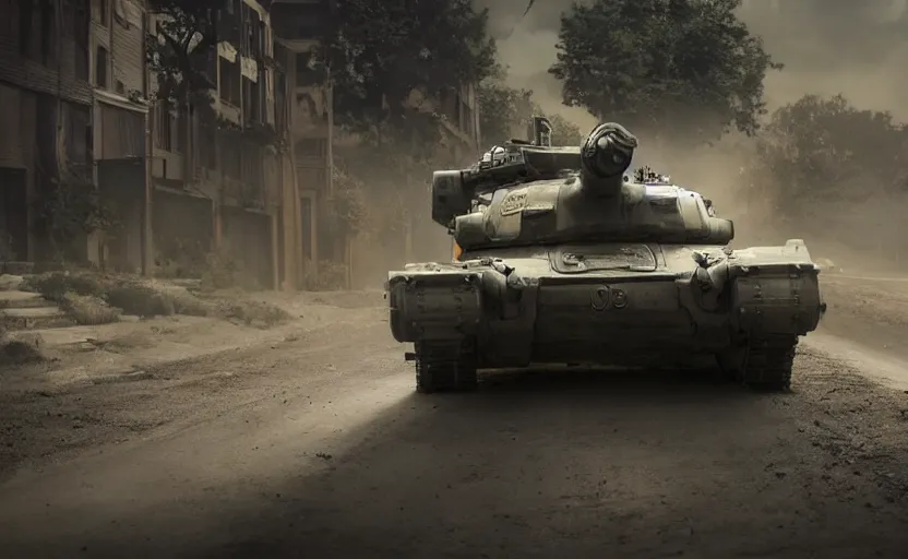 Prompt: A cybernetic tank driving down a dirt street, cinematic, epic