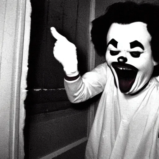 Image similar to creppy 2 0 0 1 photo of ronald mcdonald screaming in a dark room