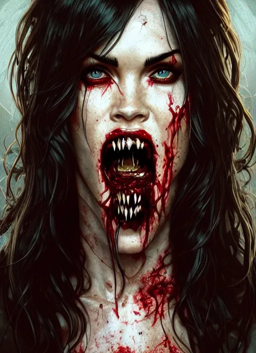 Image similar to portrait of megan fox as bloodthirsty damaged toothsome zombie, once upon a time, open mouth with sharp bloody teeth, intricate, headshot, highly detailed, digital painting, artstation, concept art, sharp focus, cinematic lighting, illustration, art by artgerm and greg rutkowski, alphonse mucha, cgsociety