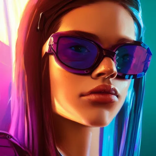 Image similar to very detailed masterpiece closeup painting of a very beautiful young mexican cyberpunk woman with light blue shutter shades, one side haircut, long brown hair with light blue ends, purple leather jacket, beauty mark on cheek, portrait, synthwave background, artstation, concept art by greg rutkowski