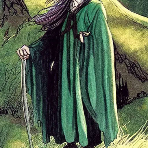 Image similar to peregrin took from the anime lord of the rings (1986), dark hair, green cape, hobbit, studio ghibli, very detailed, realistic