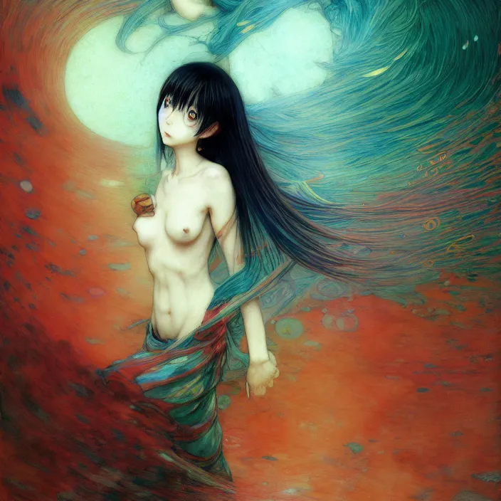 Image similar to mamimi samejima, psychedelic background, female anime character, Lain, uwu, uwu, Luminism Romanticism by John William Waterhouse Beksinski Finnian MacManus Ruan Jia, uwu Hi-Fructose, Artstation, HD, HDR, High Resolution, 1024x1024, technological rings, giygas, demon souls, bloodborne boss