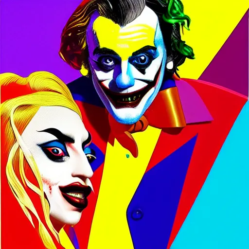 Image similar to richard hamilton and mimmo rottela as lady gaga harley queen and joaquin phoenix joker, pop art, 2 primary color, justify content center, object details, dynamic composition, 4 k, ultra realistic art, smooth, sharp focus, illustration, concept art, intricate details, h 7 6 8