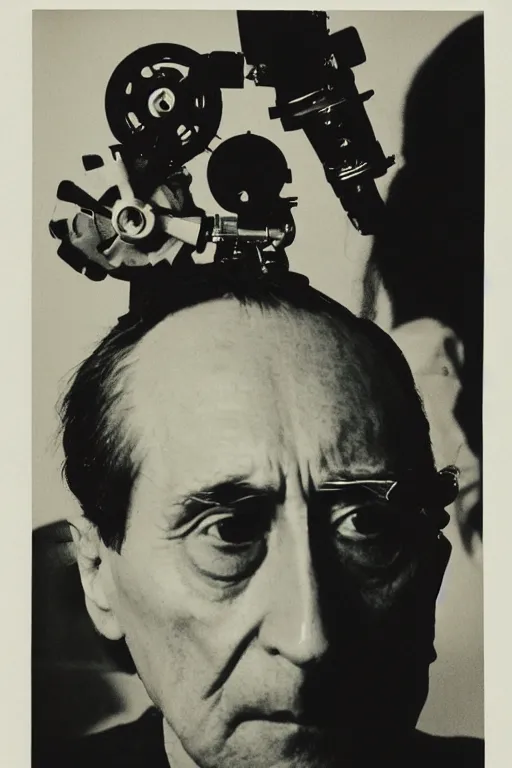 Image similar to a close-up portrait of a machine and Marcel Duchamp in the style of Hito Steyerl and Shinya Tsukamoto and Irving Penn and Robert Frank