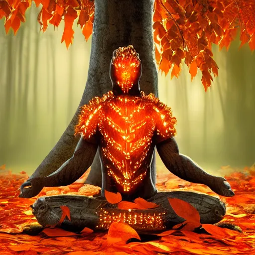 Image similar to warrior, wearing stone wood vines led diode armor, sitting in lotus position by tall tree with red and orange autumn leaves, meditation, highly detailed, dramatic lighting, night time, cinematic, sci - fi, hyperrealistic, detailed