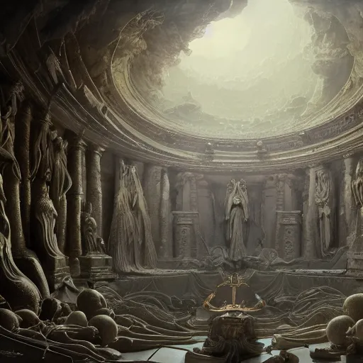 Image similar to the altar of Medusa, shrine with statues, hyperdetailed, artstation, cgsociety, by greg rutkowski, by Gustave Dore