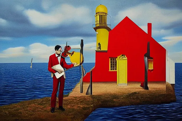 Prompt: a man in red playing the violin next to a yellow lightinghouse, the sun is shining and the ocean is blue, Painting, Fine Art, Unreal Engine, Salvador Dali