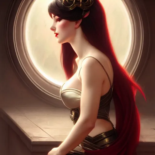 Image similar to of Katarina from League of Legends, dark fantasy, medium shot, intricate, ornate, elegant, highly detailed, digital painting, volumetric light,, artstation, concept art, smooth, sharp focus, illustration, art by Gil elvgren and charlie bowater and greg rutkowski and alphonse mucha