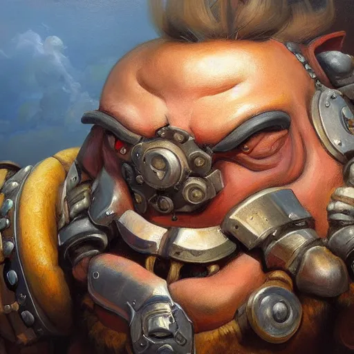 Image similar to detailed portrait of roadhog from overwatch, intricate, hyper detailed, realistic, oil painting, by julie bell, frank frazetta, cinematic lighting