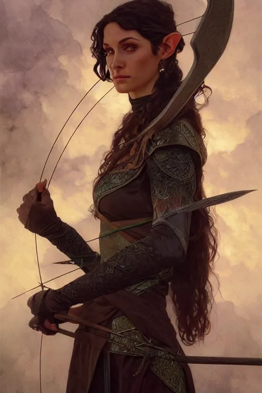 Image similar to portrait of a wise elven archer, dark, piercing eyes, gentle expression, elegant clothing, photorealistic, highly detailed, artstation, smooth, sharp focus, art by michael whelan, artgerm, greg rutkowski and alphonse mucha