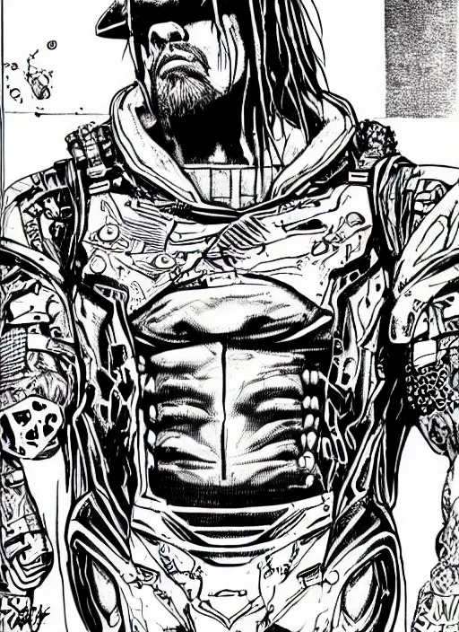 Prompt: the undertaker cyborg, portrait, cyberpunk 2 0 2 0 manual, by steampoweredmikej, inktober, ink drawing, black and white, coloring pages, manga, highly detailed