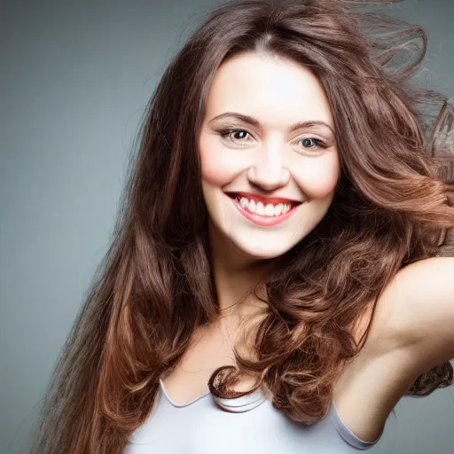 Prompt: a beautiful studio photo portrait of a long haired brunette woman, happy and smiling, dynamic pose