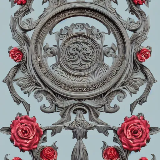 Prompt: beautiful decorative classical ornamental emblem, sacred machine, fibonacci rhythms, roses, lilies, rose petals, lily petals, acanthus scrolls, highly detailed etching, gemini, bilaterally symmetrical, small medium and large elements, rendered in octane, 3 d render