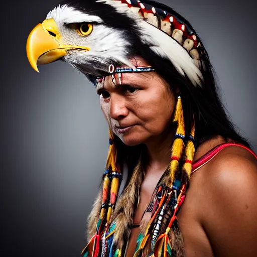 Image similar to portrait of a native american woman with an eagle, portrait photography, studio lighting, 4 k