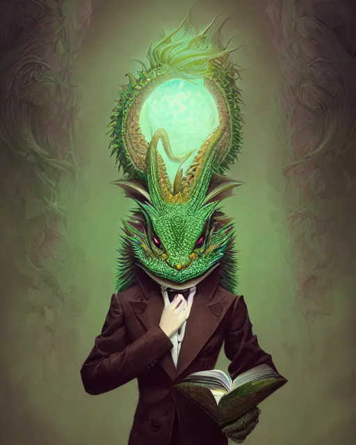 Image similar to anthropomorphic art of a detective dragon, green dragon, portrait, victorian inspired clothing by artgerm, victo ngai, ryohei hase, artstation. fractal papersand books. highly detailed digital painting, smooth, global illumination, fantasy art by greg rutkowsky, karl spitzweg