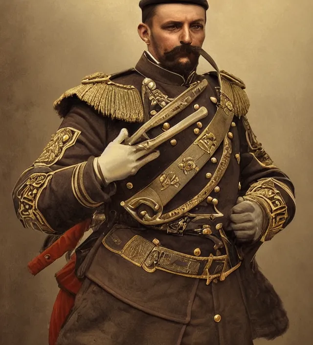 Image similar to portrait of an hungarian man wearing a traditional nineteenth century austro - hungarian empire military uniform, metal shoulder pauldrons, intricate, highly detailed, digital painting, artstation, concept art, sharp focus, cinematic lighting, illustration, art by artgerm and greg rutkowski, alphonse mucha, cgsociety