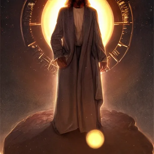 Image similar to A surreal portrait of a singular cyberpunk Jesus, wearing a white tuxedo, transcending through portals to eternity, surrounded by fiery orbs, gears, and clocks, by Salvador Dali and Greg Rutkowski, trending on artstation