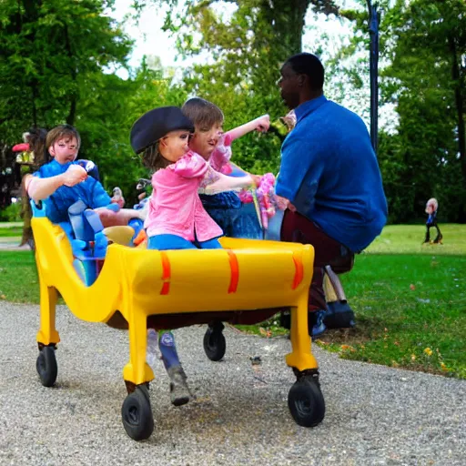 Prompt: (push-me-pull-you) giving rides to children at a birthday party in the city park.