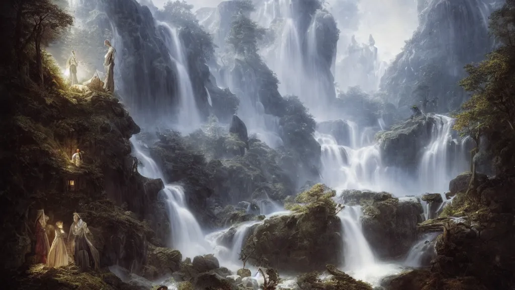 Image similar to elven architecture above the great alpine waterfall. andreas achenbach, artgerm, mikko lagerstedt, zack snyder, tokujin yoshioka