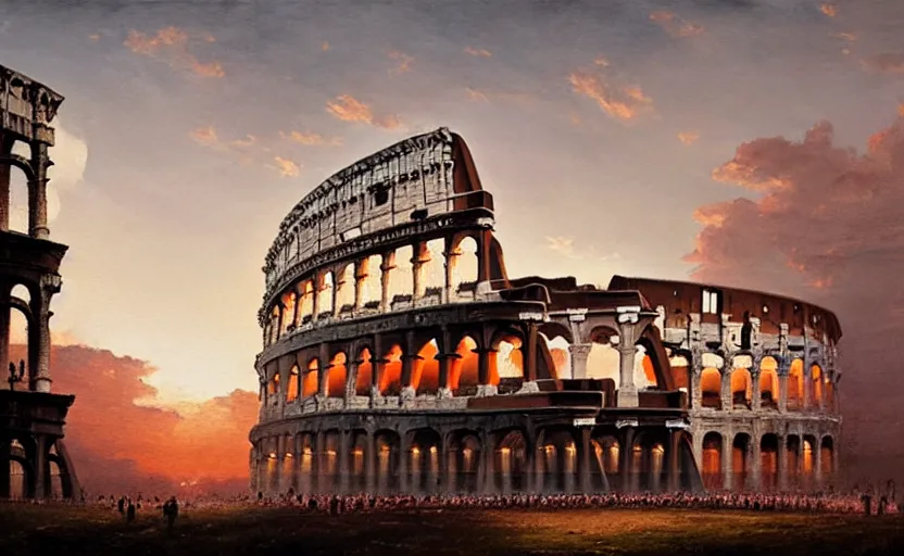 Image similar to painting of skyline of rome colloseum at sunset, natural light, concept art, by greg rutkowski, cozy atmospheric and cinematic lighting