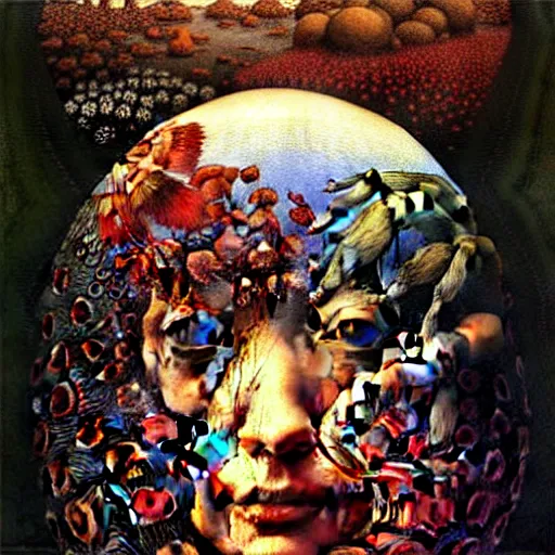 Image similar to an oil painting by botticelli, by arcimboldo, by yoshitaka amano, by beksinski seen through a kaleidoscope, detailed, high resolution