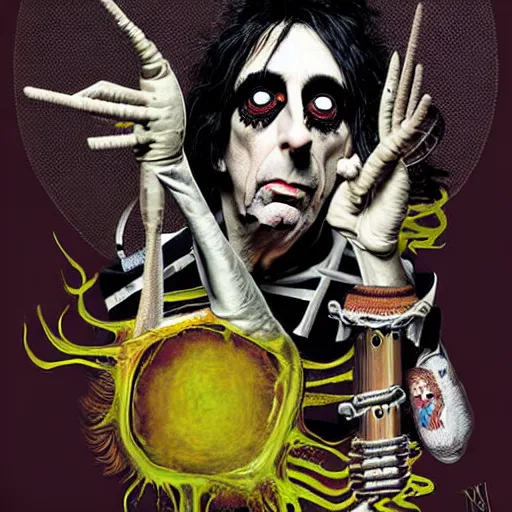 Image similar to graphic illustration, creative design, alice cooper as a nun, biopunk, francis bacon, highly detailed, hunter s thompson, concept art