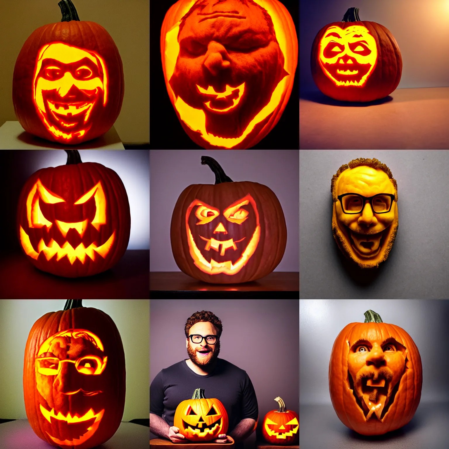 Prompt: pumpkin carving of seth rogen's face, jack - o'- lantern, halloween, cinematic, dramatic lighting, ultra detailed