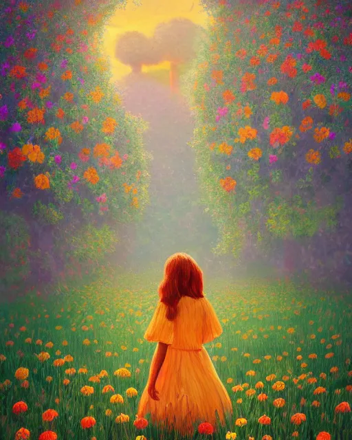 Image similar to girl with giant flower as a face and flower dress, standing in a flower field hills, big trees, sunrise dramatic light, impressionist painting, colorful clouds, digital painting, pointillism, artstation, simon stalenhag