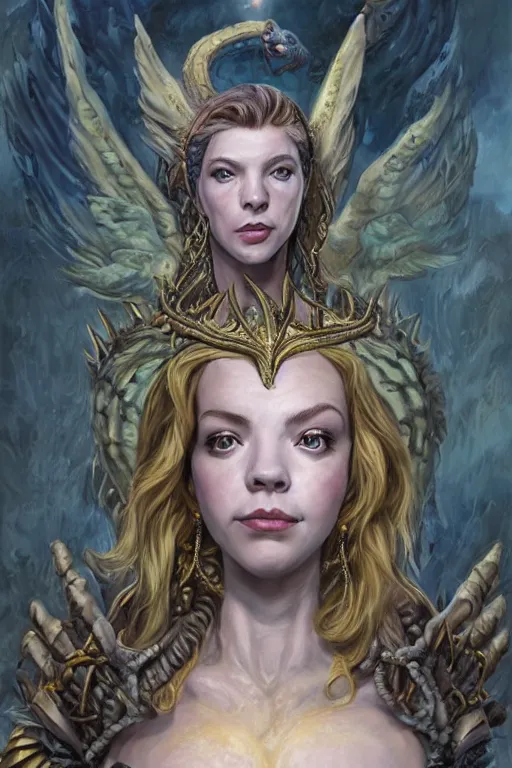 Image similar to A fantasy comic book style portrait painting of Cory Chase, hybrid, Anya Taylor-Joy, as an Atlantean Reptilian Warrior, François Boucher, Oil Painting, Mystical, Modest, Valkyrie, wearing intricately designed, jewel inlaid Armor, unreal 5, DAZ, hyperrealistic, octane render, Regal, Refined, Detailed Digital Art, RPG portrait, William-Adolphe Bouguereau, Michael Cheval, Walt Disney (1937), Steampunk, dynamic lighting, Highly Detailed, Cinematic Lighting, Unreal Engine, 8k, HD